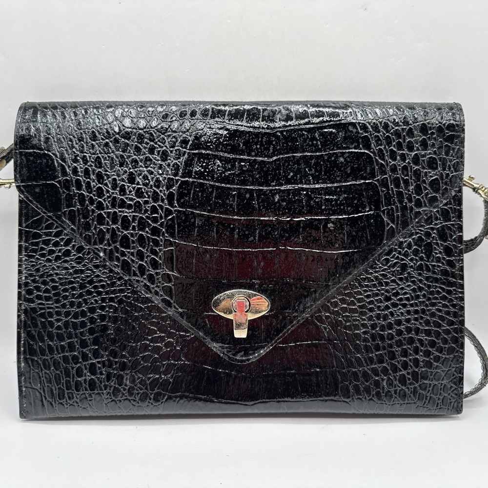Vintage Black Leather Alligator Clutch Removable Strap Tradwife Costume Cocktail